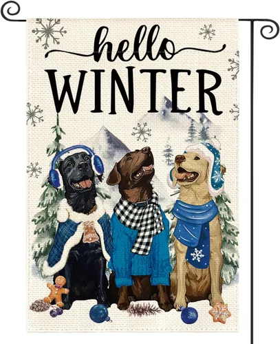 AVOIN colorlife Bandera de Jardín Hello Winter Dog de 12x18 Pulgadas Doble Cara para Exterior, Bandera de Patio Exterior Rústica Estacional con Copo