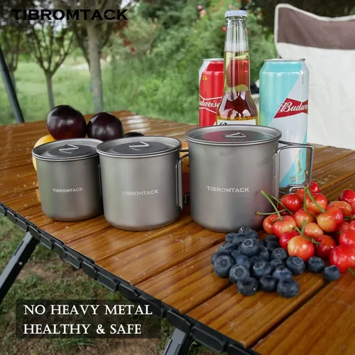 Miniatura 6 de Juego de 3 tazas de camping de titanio, 11.8 fl oz, 16.9 fl oz, 23.7 fl oz, ollas de café, utensilios de cocina con mango plegable para mochileros
