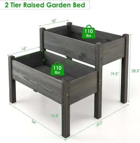 Miniatura 2 de RELAX4LIFE Cama de jardín elevada de 2 niveles, maceta elevada de madera de abeto con patas, 8 agujeros de drenaje, capacidad de 220 para cultivar
