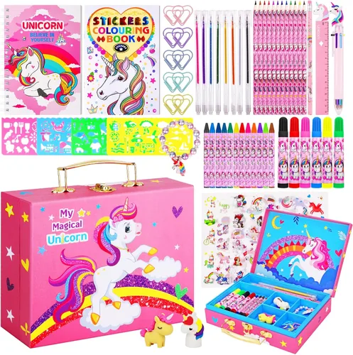 Suministros de arte para niños, 66 piezas de kits de dibujo con estuche de almacenamiento de unicornio para niñas de 4 a 12 años, juegos de colorear