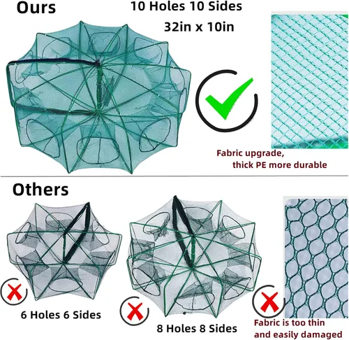 Miniatura 5 de Trampa de pesca plegable de 81cm x 25cm, redes de pesca con 10 agujeros y 10 lados para peces/cangrejos/camarones/cangrejos de río, espacio