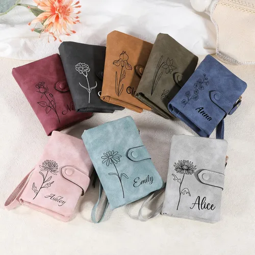 Miniatura 4 de Carteras de cuero personalizadas para mujer, con cremallera, monedero con correa para la muñeca, cartera pequeña para mujer con nombre de flor