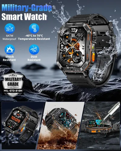 Miniatura 8 de Military Smarty Watch for Men, 2.01" Smartwatch with 1200mAh Battery, Flashlight, Answer/Make Calls, Heart Rate/Sleep Monitor 100+ Sport Modes Steel