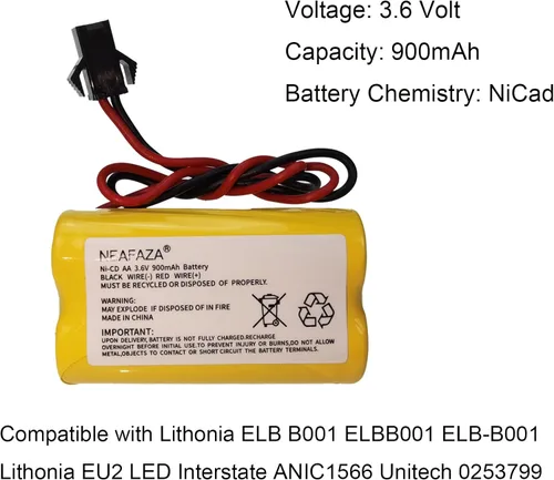 Miniatura 3 de Señal de salida NiCd de 3.6 V, 900 mAh, luz de emergencia, repuesto de batería compatible con Lithonia ELB B001 ELBB001 ELB-B001 Lithonia EU2 LED