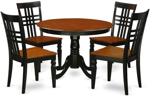 East West Furniture HLLG5-BCH-W Juego de mesa de comedor moderno de 5 piezas, incluye una mesa redonda de madera con pedestal y 4 sillas de comedor,