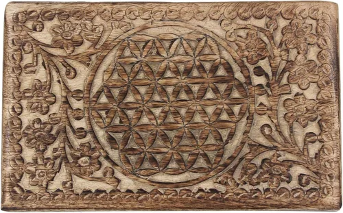 Miniatura 3 de DharmaObjects Caja de almacenamiento de madera tallada a mano con flores de la vida (natural, grande)