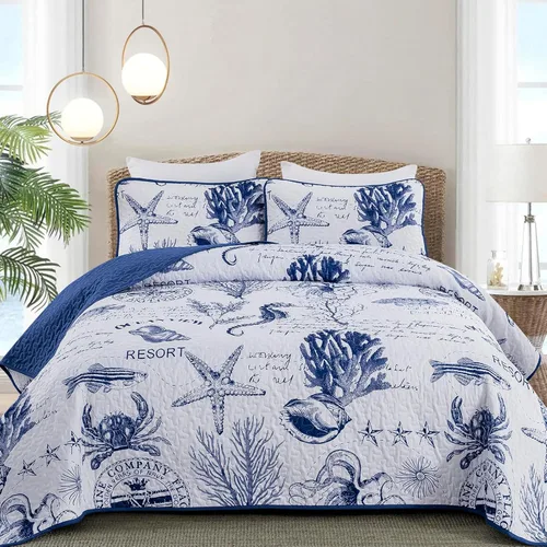 Miniatura 24 de DJY Beach Quilt Set Queen Size,3 Piece Coastal Ocean Summer Bedspread Coverlet Set with 2 Pillow Cases Lightweight Soft Microfiber Nautical Bedding