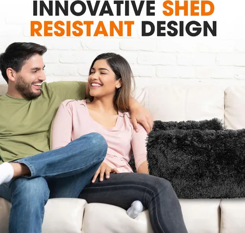 Miniatura 4 de Cheer Collection Almohadas para sofá y cama, almohadas suaves y peludas con rellenos incluidos, acogedoras almohadas de pelo sintético de pelo Negro
