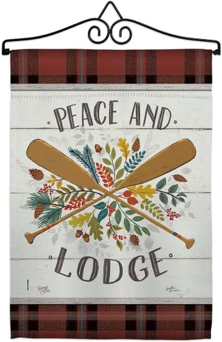 Peace And Lodge - Juego de banderas de jardín para colgar en la pared, para exteriores, rústico, cabaña, alce, vida silvestre, aventura, bosque,