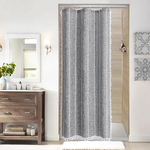 Miniatura 22 de MitoVilla - Juego de cortina de ducha de tela de granja gris, cortinas de ducha de poliéster y lino modernas estilo bohemio para decoración de baño