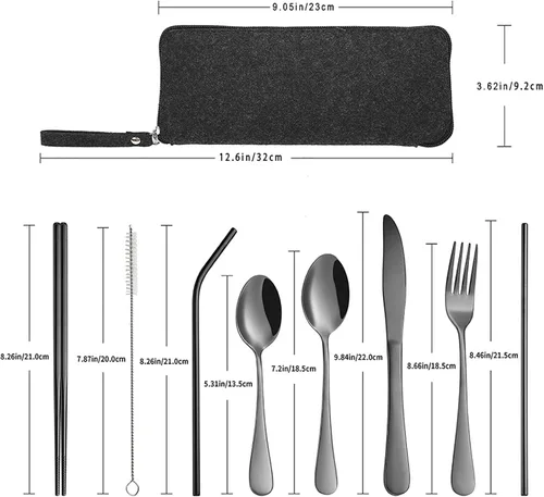 Miniatura 8 de VANDBAO Utensilios de viaje portátiles, cubiertos reutilizables con estuche para fijar vajilla, juego de cubiertos estables de acero inoxidable de 9