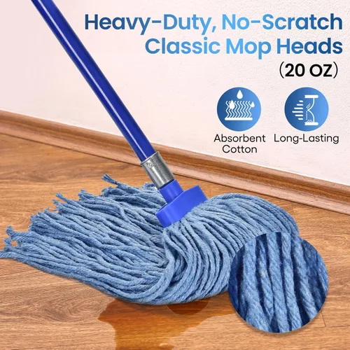 Miniatura 2 de Matthew - Cabezales de repuesto para trapeador húmedo de algodón resistente (azul, mediano, paquete de 12) con 2 paños de microfibra para uso