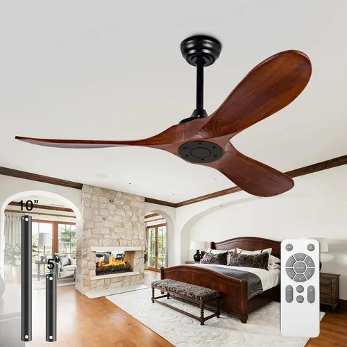 Ventilador de techo de 52 pulgadas sin luz, con control remoto, motor CC reversible, con 3 aspas de madera maciza, para patio, sala de estar, Nogal