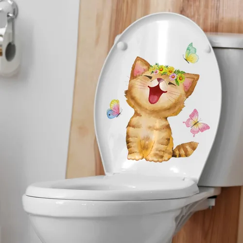 Miniatura 6 de Generic Calcomanías para tapa de inodoro con diseño de gato que ríe, diseño de gato blanco con dibujos animados, material de PVC impermeable
