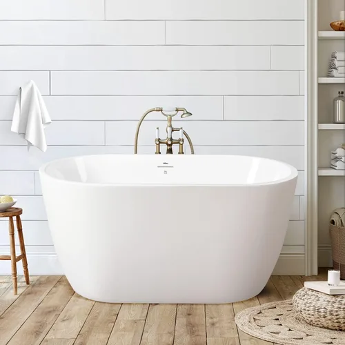 Miniatura 28 de FerdY 59" Bañera de acrílico independiente Bali Elite, bañera independiente de inmersión con forma elegante, certificada cUPC, desagüe negro Toe-Tap
