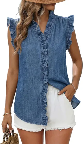 Miniatura 12 de Dokotoo Chaleco de mezclilla para mujer, casual, de verano, con botones, peplum, cuello en V, sin mangas, camisa de mezclilla