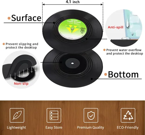 Miniatura 7 de Divertidos posavasos retro para bebidas con soporte para reproductor de vinilo, juego de 6 posavasos de elefante blanco para amantes de la música