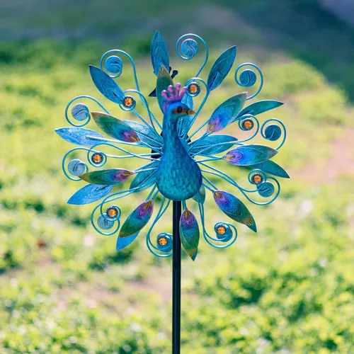 Miniatura 3 de Stargarden Molino de viento de pavo real de 58 pulgadas, escultura de viento doble, molino de viento de metal para decoración de jardín y patio