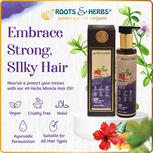 Miniatura 2 de ROOTS AND HERBS Aceite ayurvédico – 49 hierbas con bhringraj, flor de hibisco, brahmi, jatamansi y trifala para cabello más fuerte, liso, ondulado