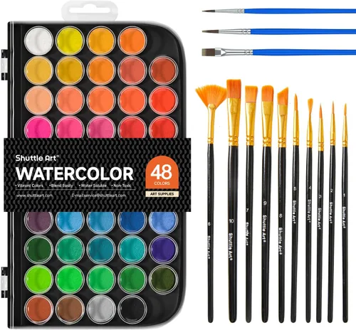 Shuttle Art Juego de 58 pinturas de acuarela, 48 colores para acuarela, con 10 pinceles de pintura para principiantes, artistas, niños y adultos,