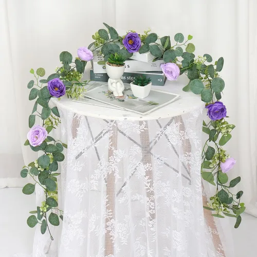 Miniatura 26 de TOCHGREEN Paquete de 2 Guirnaldas de Flores de Eucalipto Artificial de 12 Pies con Rosas Champán, Guirnalda de Flores de Rosa Falsa Verdor