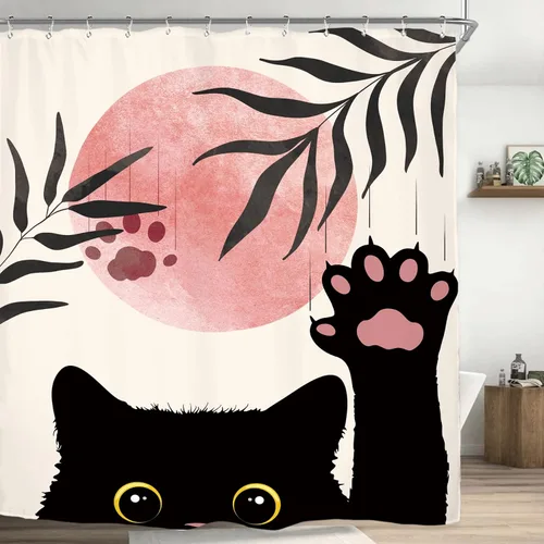 Miniatura 6 de Miyotaa Juego de cortina de ducha abstracta divertida con diseño de gato, 60 pulgadas de ancho x 71 pulgadas de alto, color negro, rosa, lindo