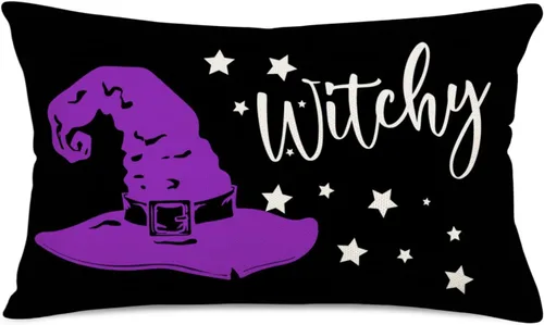 Miniatura 6 de Fundas de almohada de Halloween de truco o trato, de lino y algodón, calabaza espeluznante con sombrero de bruja, letrero de calavera de 12 x 20
