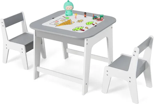 HONEY JOY Juego de mesa y silla para niños, mesa de actividades de madera 3 en 1 y 2 sillas para manualidades artísticas, pizarra reversible, 3 Gris