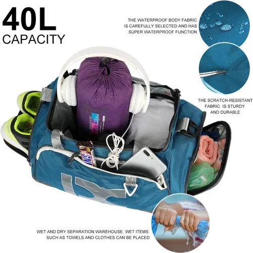 Miniatura 4 de INOXTO Bolsa de deporte de fitness con compartimento para zapatos, impermeable, bolsa de viaje para mujeres y hombres, azul Gray