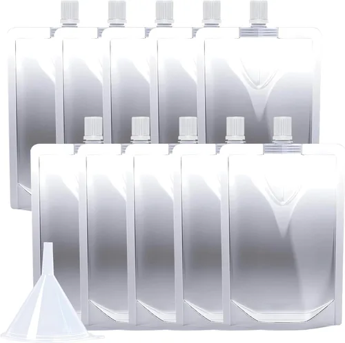 Miniatura 11 de 100 bolsas de bebida de 8 onzas, botella de plástico reutilizable con embudo para beber jugo de bebidas líquidas, bolsas de bebidas de pie para 8OZ