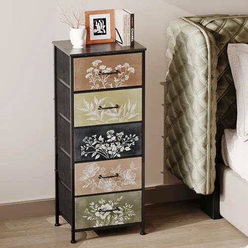 Miniatura 9 de Tohomeor Cómoda vintage vertical con mesita de noche, cajones de tela con diseño botánico neutro para armario, baño, torre de almacenamiento