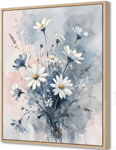 Lienzo decorativo de margaritas azules y rosas, impresión de estilo floral abstracto, arte de ramo de flores silvestres moderno y neutro, decoración