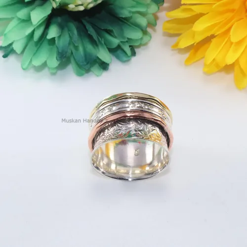 Miniatura 5 de Solid 925 Sterling Silver Flower Floral Three Tone Hammered Meditation Spinner Ring For WomenGirls
