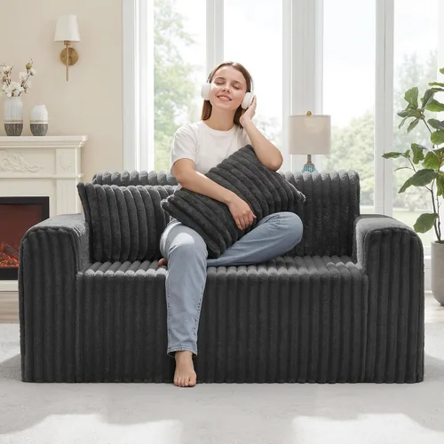Miniatura 15 de Hobestluk Sofá Individual de Espuma Sillón Sofá para Espacios Pequeños Sofás Cómodos con Funda Extraíble Sofá Peludo con Almohadas para Sala de Negro
