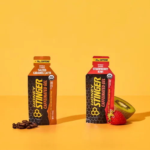 Miniatura 3 de Honey Stinger Paquete variado de gel energético orgánico con cafeína, 12 paquetes de cada uno de Latte de Caramelo Salado y Fresa Kiwi, con cafeína
