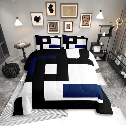 Miniatura 26 de Erosebridal Edredón Cuadrado para Niños y Niñas, Juego de Ropa de Cama Negro y Gris Blanco Azul Marino, Juego de Edredón Geométrico Completo
