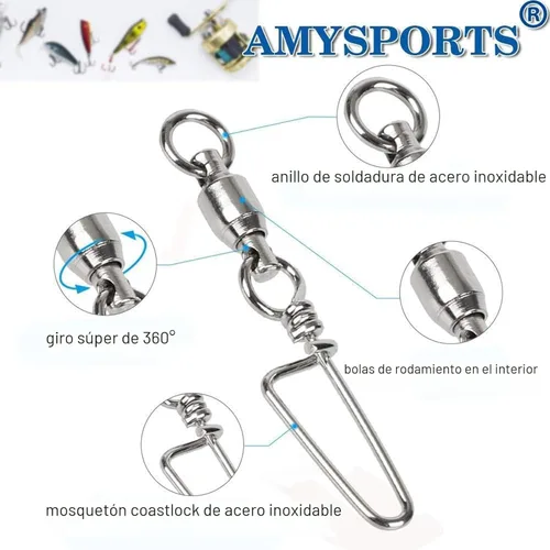 Miniatura 3 de AMYSPORTS Eslabones giratorios de alta resistencia para pesca - Cojinetes de bola de acero inoxidable - Pesca en agua salada y agua dulce