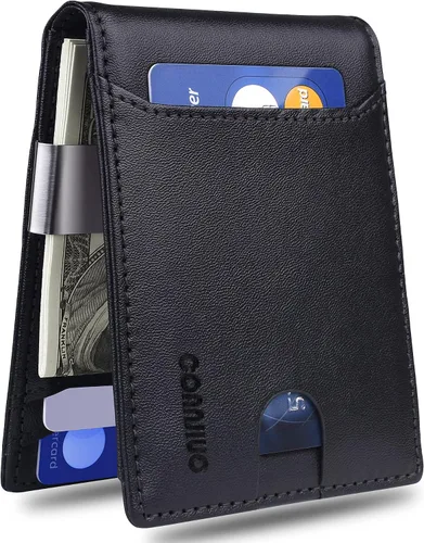 COANJIUO Billetera para hombre delgada y plegable con bloqueo RFID, billetera minimalista con bolsillo frontal con 8 ranuras para tarjetas (negro),