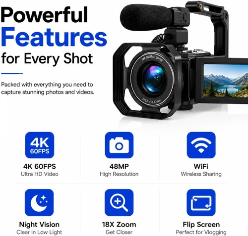 Miniatura 8 de Acuvar Videocámara 4K 60FPS 48MP con WiFi, zoom 18X, pantalla abatible, micrófono externo, estabilizador y trípode, kit de cámara de vlogging con 2