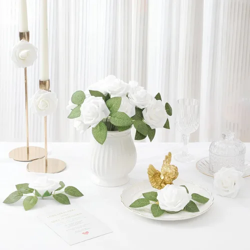 Miniatura 4 de DerBlue 60 rosas artificiales con tallo y 10 hojas verdes, rosas falsas de aspecto real, rosas artificiales de espuma para decoración de bodas