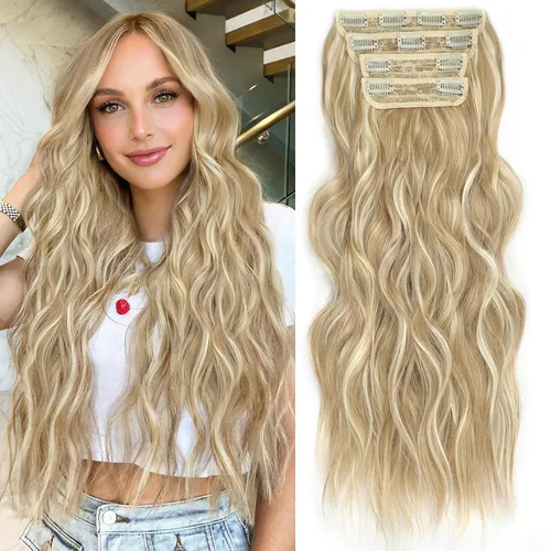 Miniatura 30 de ALXNAN Extensiones de cabello sintético largo y ondulado con clip, de 16 pulgadas, color negro natural, 4 piezas gruesas, fibra de doble trama