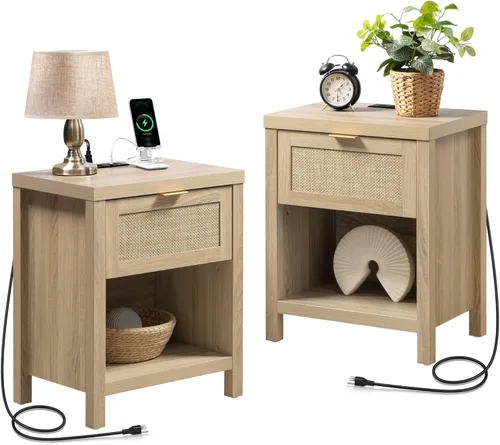 Miniatura 9 de SICOTAS Juego de 2 mesitas de noche negras con estación de carga, mesita de noche de ratán con cajón, moderna mesita de noche con puertos USB y tipo