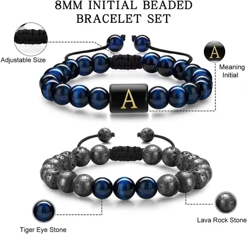 Miniatura 3 de Pulseras de cuentas con iniciales para hombres, regalos de 0.315 in, ojo de tigre, piedra de lava y roca para hombre, pulsera de cuentas de yoga