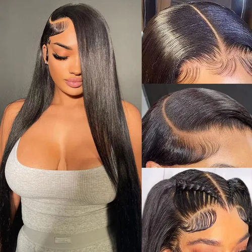 Miniatura 17 de 20 Pulgadas Pelucas de encaje frontal de cabello humano prearrancadas con cabello de bebé 200 de densidad Real cabello humano liso 13x4 HD Pelucas