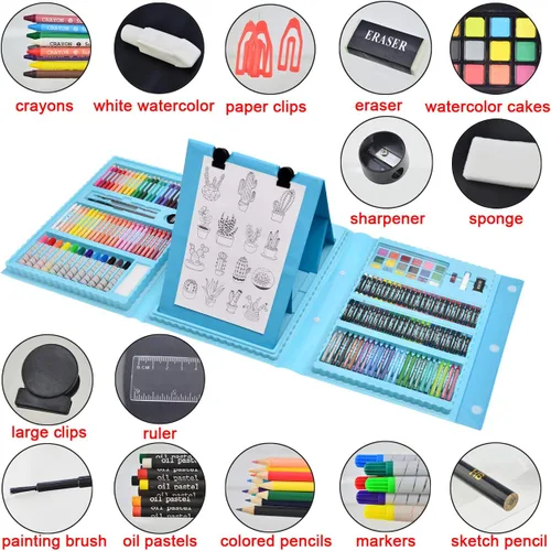 Miniatura 2 de Sunnyglade Juego de Arte de Caballete Tríptico de Doble Cara de 185 Piezas, Caja de Arte de Dibujo con Pasteles al Óleo, Crayones, Lápices de Azul