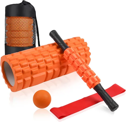 Juego de rodillos de espuma 5 en 1: rodillo de punto gatillo, palo de yoga, pelota de masaje, correa de estiramiento de fitness, bolsa de Naranja