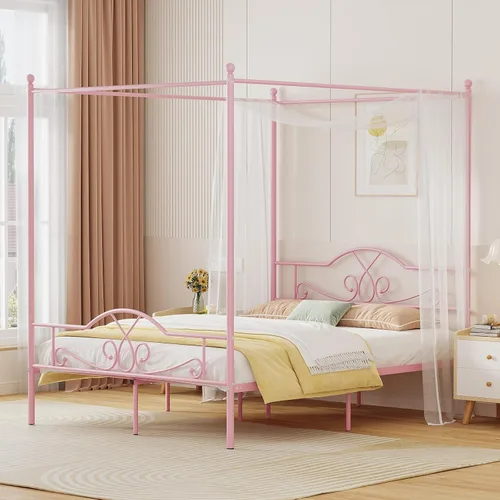 Miniatura 14 de Weehom - Estructura de cama con dosel individual, con cabecero y pie de cama, cortinas de cuatro postes de metal, diseño de plataforma de cama
