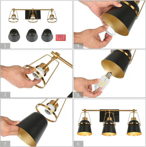 Miniatura 7 de Lámparas de baño de oro negro, modernas luces de tocador de granja sobre el espejo, 3 luces de cobre dorado con pantalla de metal y artesanía Negro