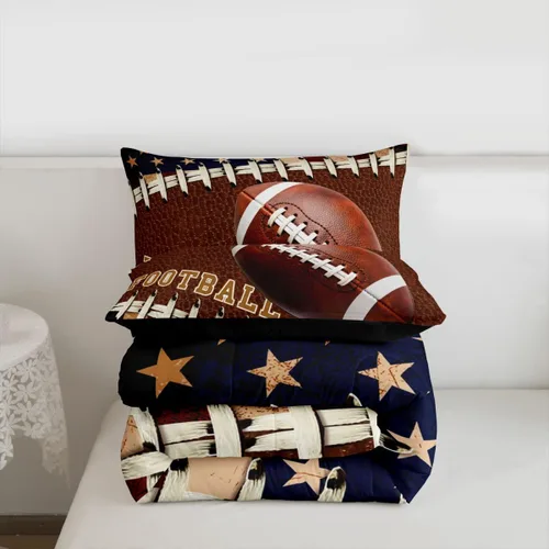 Miniatura 4 de Feelyou Juego de edredón de fútbol, tamaño individual, juego de ropa de cama deportiva de rugby para niños y niñas, color negro y marrón, edredón