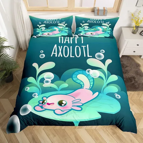 jejeloiu Juego de funda de edredón verde de ajolote de dibujos animados, juego de ropa de cama Kawaii de animales 3D para niños, niñas, niños,